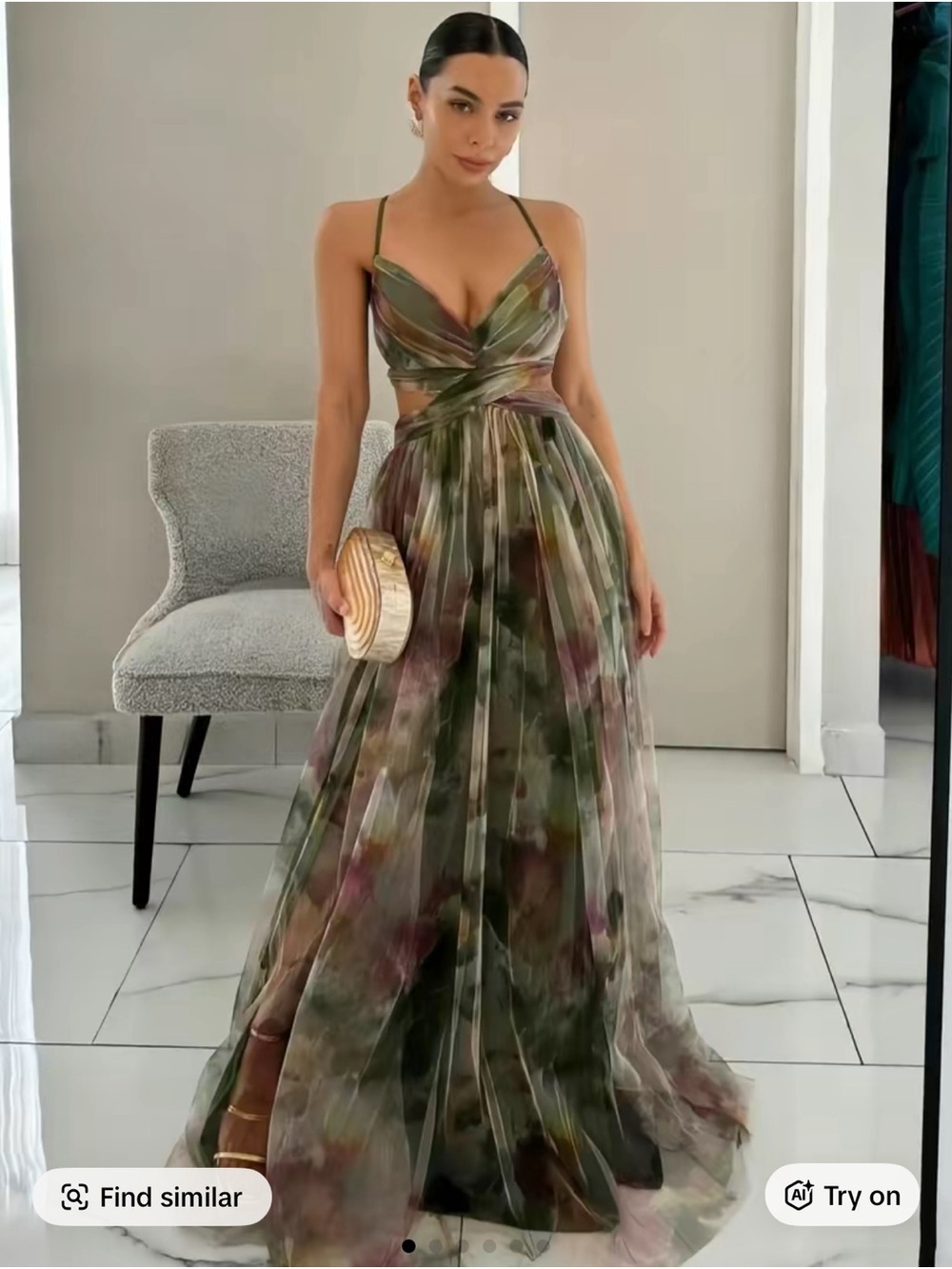 Elegant Olive Floral Wrap Maxi Dress with Sheer Overlay